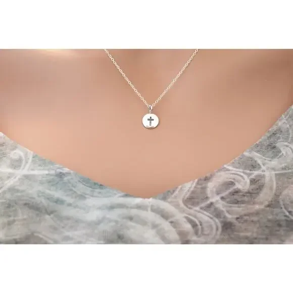 Sterling Silver Cross Charm on a Disk Necklace